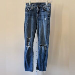 MOTHER Distressed Skinny Jeans Blue Ripped Knee Denim Straight Leg Raw Hem